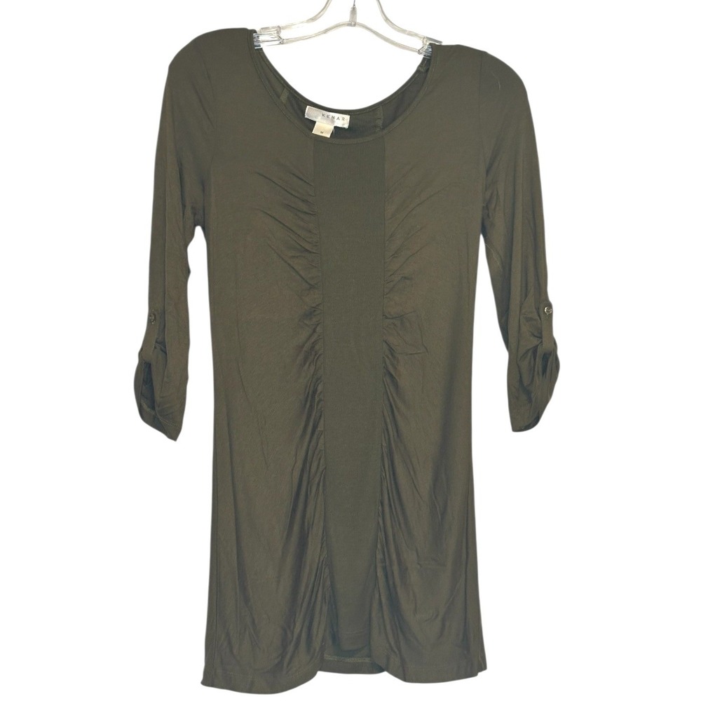 Kenar Tunic Top Womens Olive Green Ruched Ribbed 3/4 Sleeve‎ Earthcore Casual M